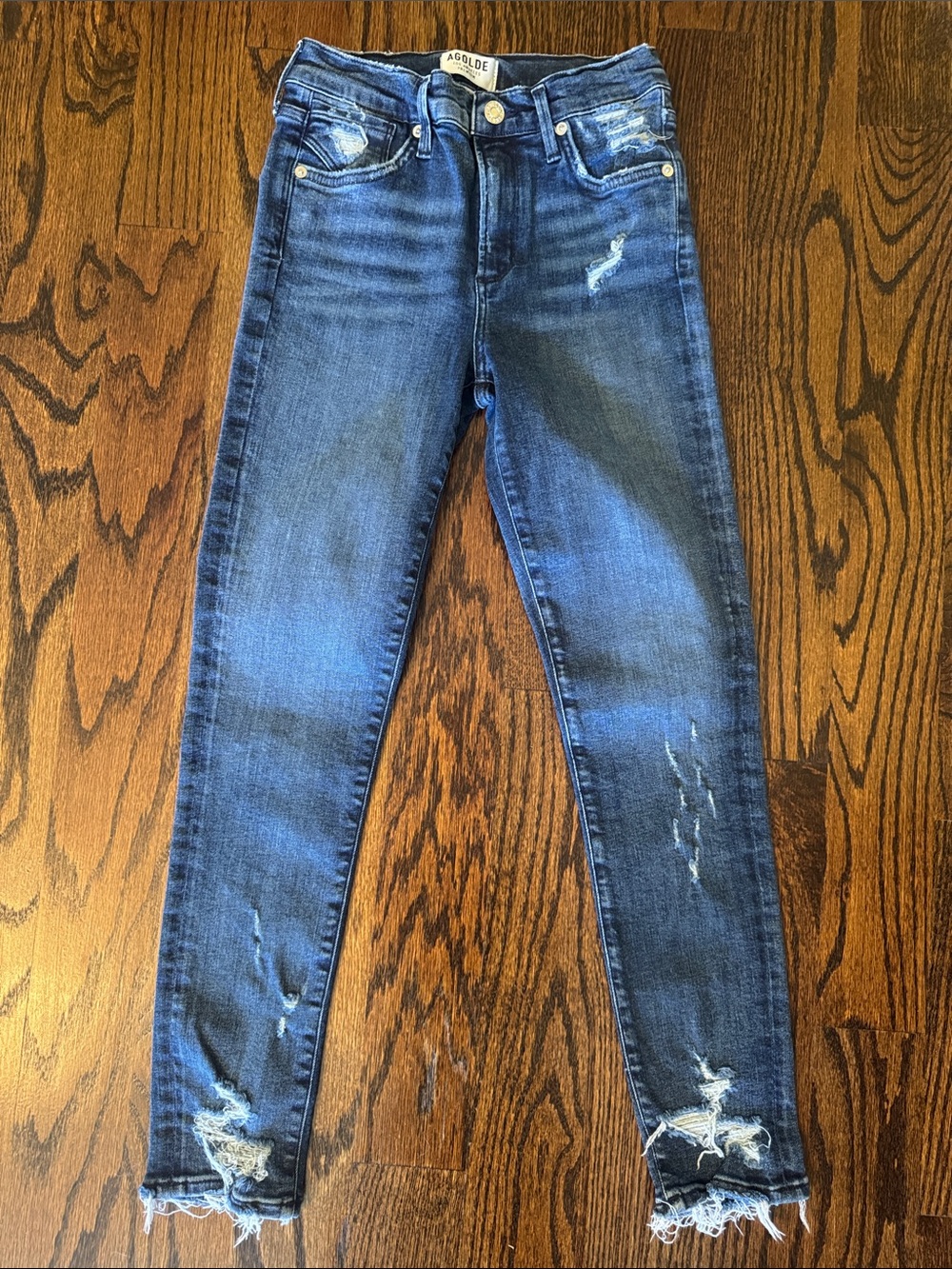 Agolde Women's Distressed Skinny Jeans in Medium Blue Wash Mid Rise
